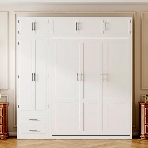 P PURLOVE Wood Twin Murphy Bed with Light and USB, Modern Wall Bed with Top Cabinet and Storage Shelves, Space Saving, No Box Spring Needed (Gray)