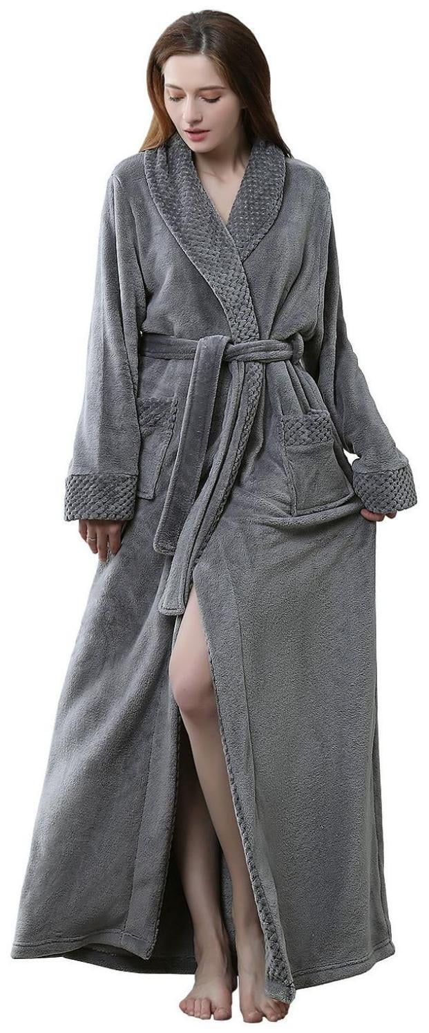 Robes for Women, LOFIR Long Womens Robes, Soft Fluffy Fleece Bath Robe with Front Pocket, Winter Warm Plush Lapel Women's Robes, Adjustable Belt, Grey, L/XL