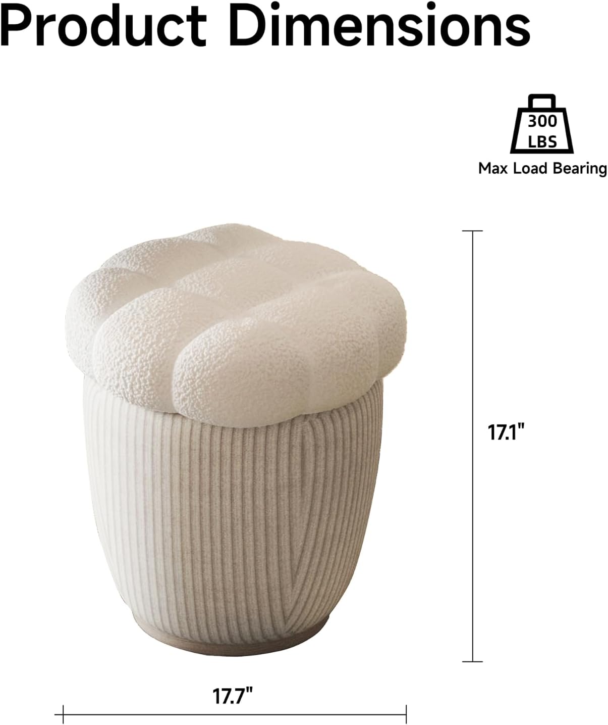 Round Ottoman Storage, Storage Ottoman Dorm with Removable Flower Lid, Round Vanity Stool for Makeup 300LBS Upholstered Round Foot Rest Ottoman for Bedroom Living Room & Bedroom, White
