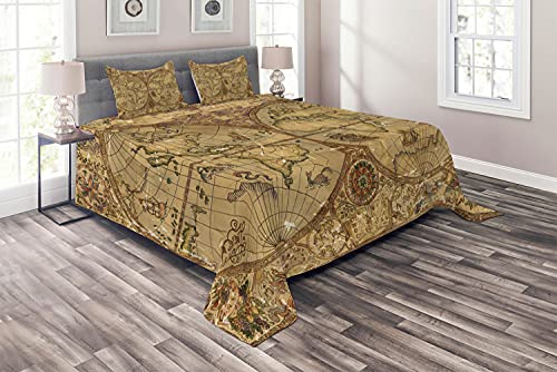 Ambesonne Vintage Coverlet, Pirate Adventures Style Old World Map Medieval Cartography with Mystic, 3 Piece Decorative Quilted Bedspread Set with 2 Pillow Shams, Queen Size, Tan and Caramel