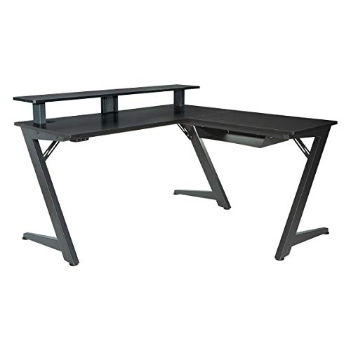 OSP Home Furnishings Avatar Battlestation L-Shape Gaming Desk with Bluetooth RGB LED Lights and Carbon Fiber Surface, Red