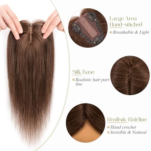 Benehair Hair Toppers for Women Real Human Hair 10 Inch 100% Remy Human Hair Pieces for Women with Thinning Hair 8 * 10cm Lace Silk Base Clip in Hair Extensions Medium Brown 30g