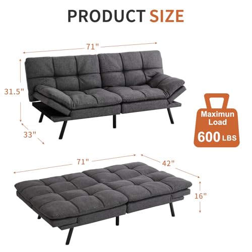 MUUEGM Futon Sofa Bed，Memory Foam Futon Convertible Couch Bed, Sofa Bed Couch,Modern Loveseat Sofa,Sleeper Couch for Small Space，Apartment, Living Room,Adjustable Backrests Armrests,Black