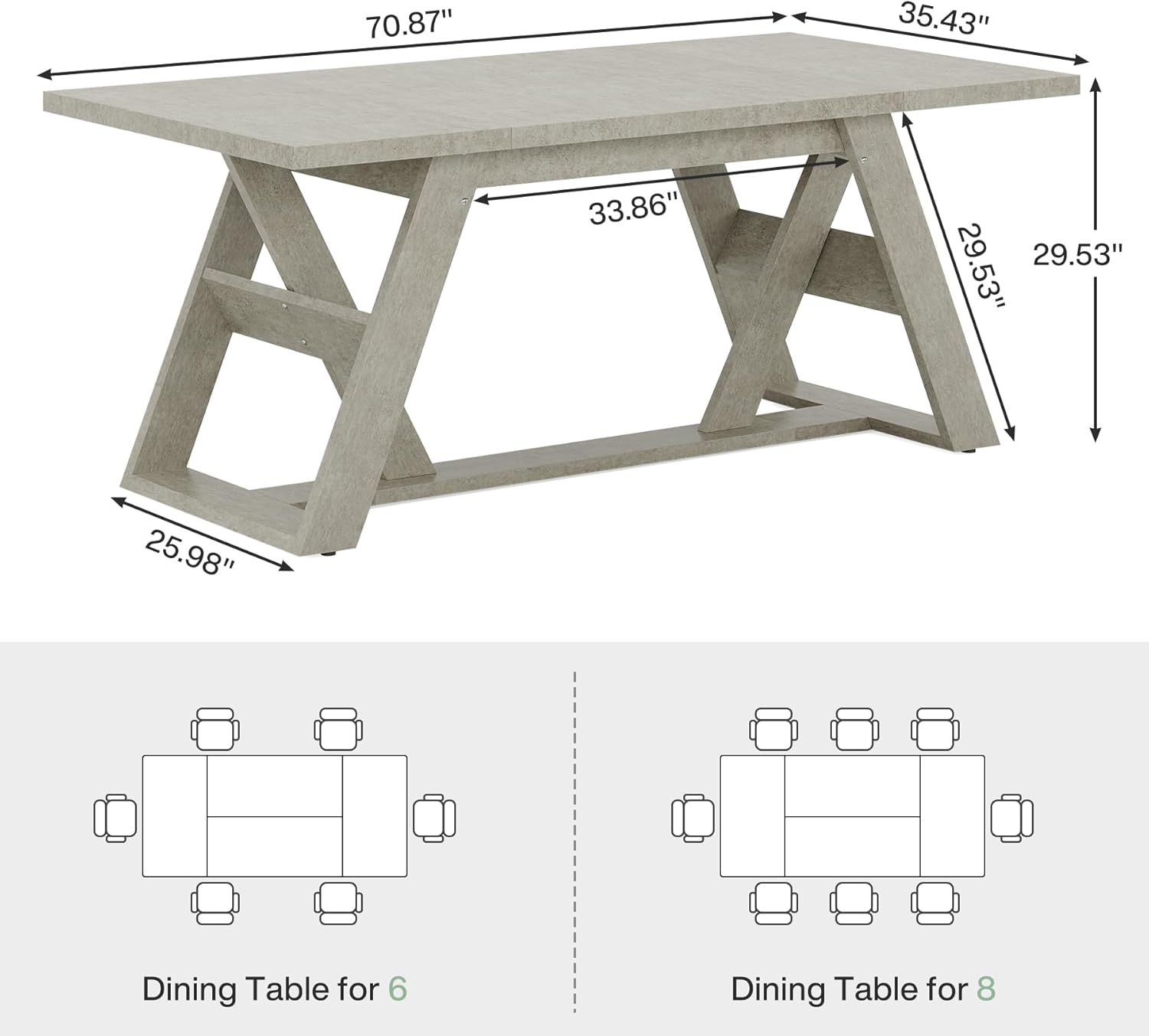 Tribesigns 70.9-Inch Dining Table, Farmhouse Kitchen Dining Room Table for 6-8 People, Wood Kitchen Table Dinner Table with Double X-Shaped Base for Dining Room, Gray
