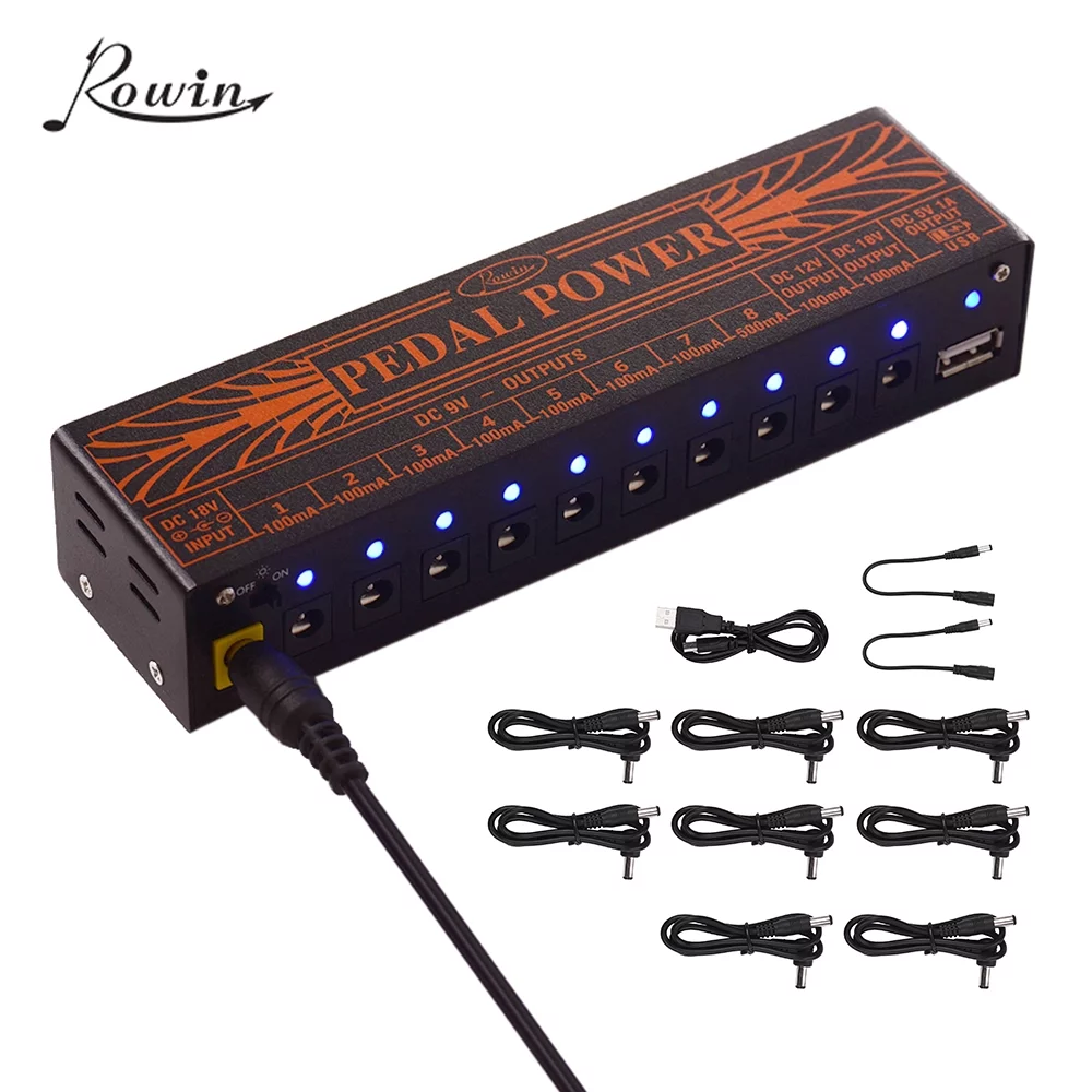 Rowin Compact Size Guitar Effect Power Supply Station 10 Isolated DC Outputs for 9V 18V Guitar Effects with 5V USB Output