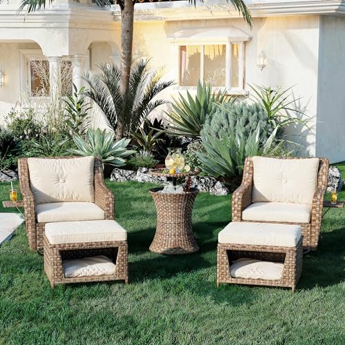 5 Pieces Outdoor Patio Furniture Set with Pet House Cool Bar and Retract Side Tray, Rattan Patio Swivel Rocking Chairs Set of 2 with Ottomans for Backyard, Porch, Balcony, Beige Outdoor & Patio Furnit