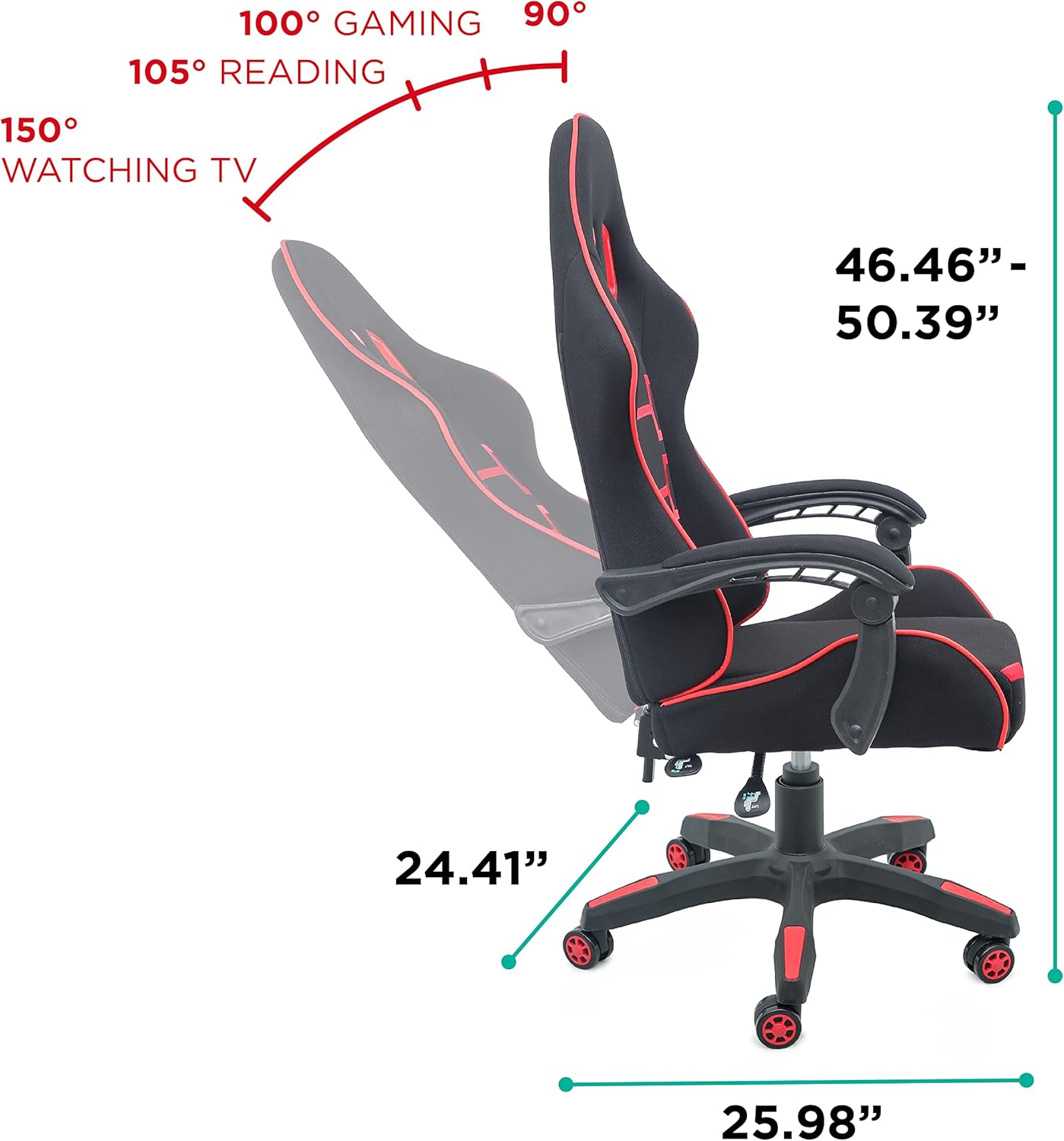 Reclining mesh Fabric Gaming Chair with Hinged Armrests, Black/Red