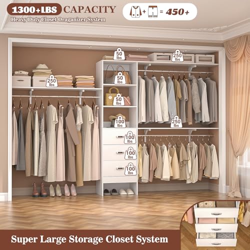 Armocity 120 Inches Closet System, 10FT Walk In Closet Organizer with 3 Shelving Towers, Heavy Duty Clothes Rack with 3 Drawers, Built-In Garment Rack, 120
