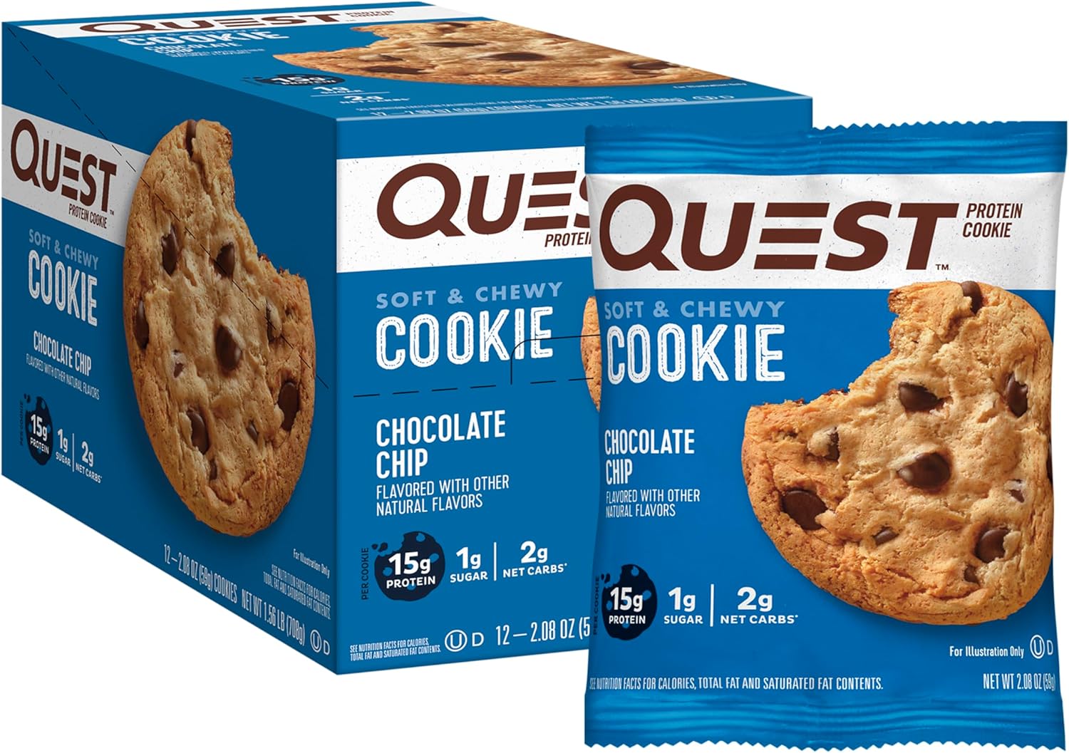 Quest Nutrition Chocolate Chip Protein Cookie; Keto Friendly; High Protein; Low Carb; 12 Count & Tortilla Style Protein Chips, Low Carb, Nacho Cheese 1.1 Ounce (Pack of 12)