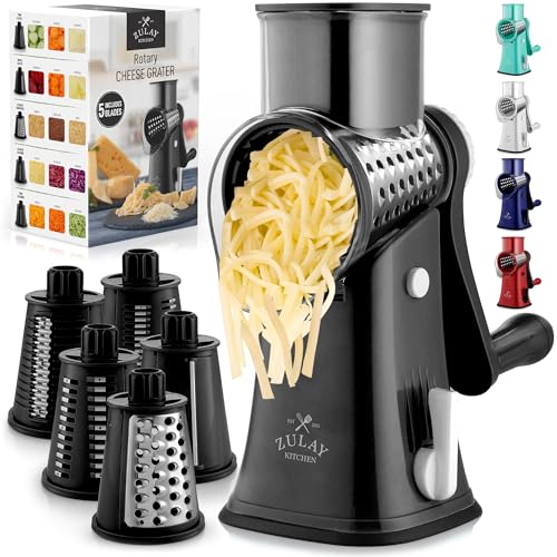 Rotary Cheese Grater with Upgraded, Reinforced Suction - Round Cheese Shredder Grater with Replaceable Stainless Steel Drum Blades - Easy To Use & Clean - Vegetable Slicer & Nut Grinder