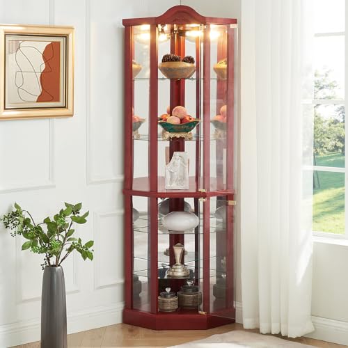 Glass Display Cabinet with Glass Doors, Corner Curio Cabinet with 4 Adjustable Glass Shelves, China Cabinet with Wooden Flower Carving for Living Room, Hallway, Cherry