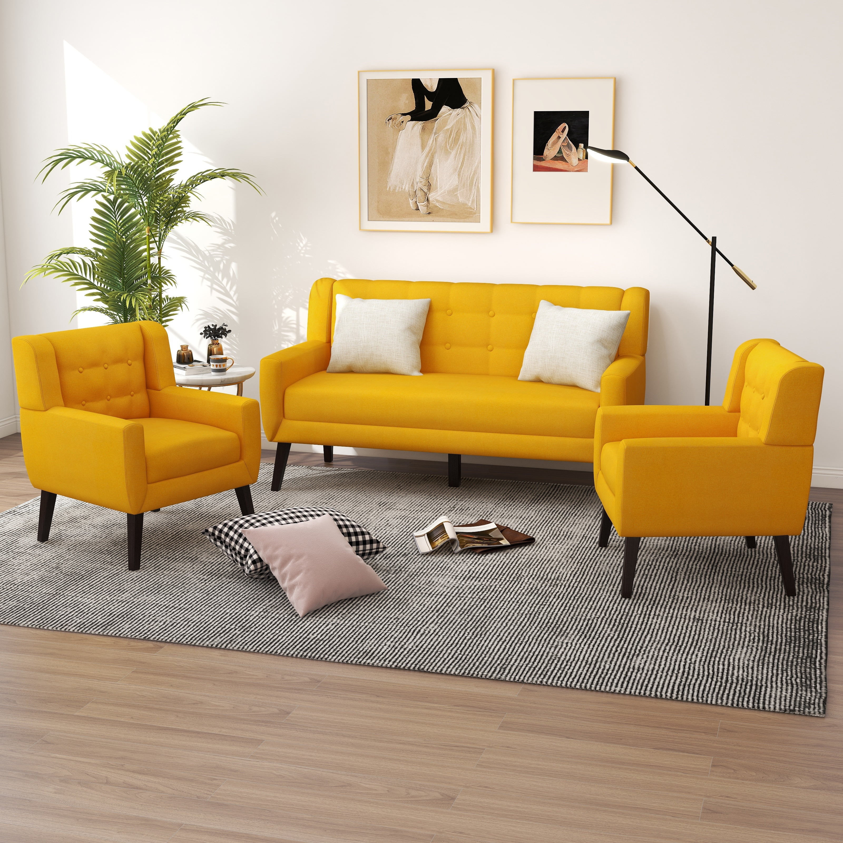 Tufted Linen/Cotton Loveseat with 2 Accent Chairs Yellow