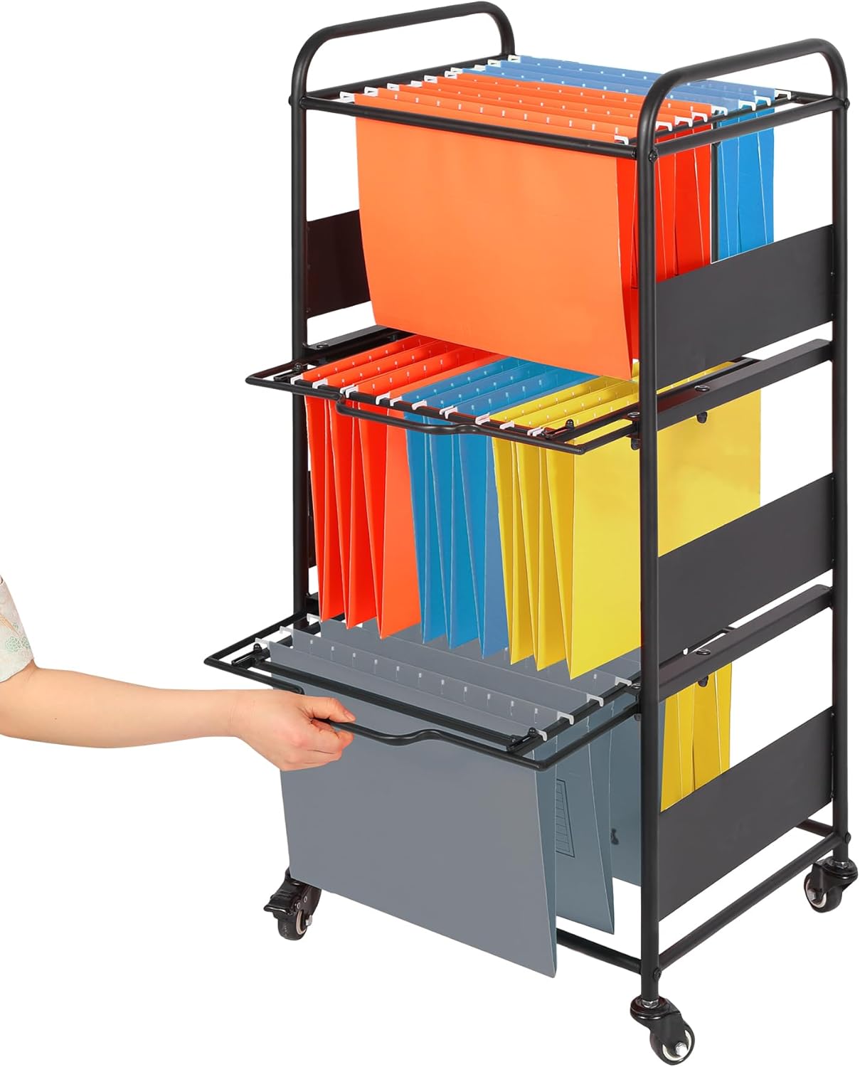 3-Tier Metal Rolling File Cart with Wheels, hanging file folder rack for Letter & Legal Size with Pull-Out Drawer File Organizer Cabinet for Home Office, Black