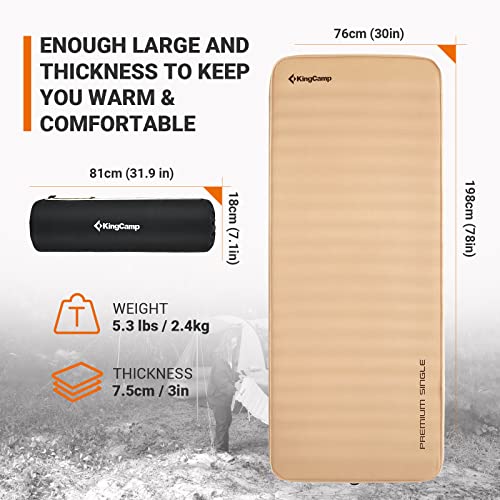 KingCamp Double Self Inflating Sleeping Pad with R Value 9.5, Camping Foam Air Mattress, Portable 3 Inch Large Thick for 2 Person, 79.1'' x 50.3'' x 3.0, Grey