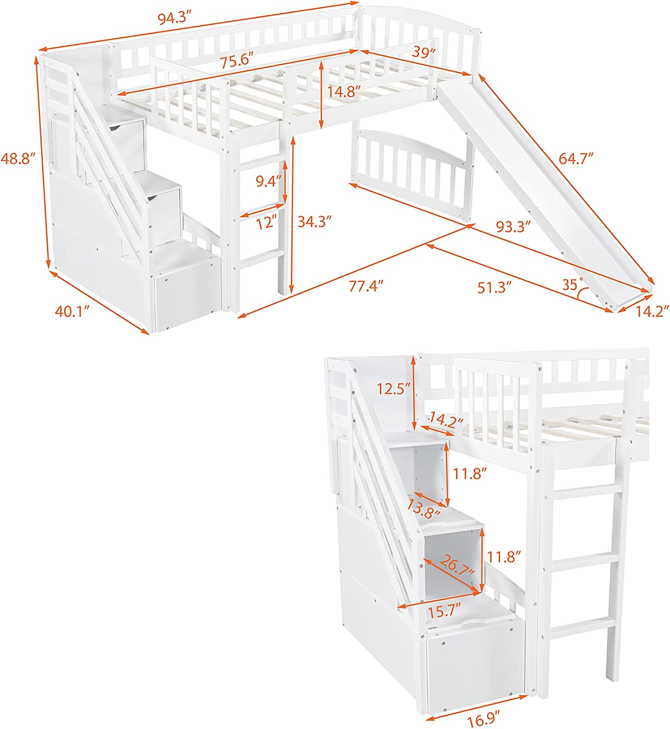 Loft Bed With Slide And Stairs, Wooden Low Loft Bed Frame With Storage For Kids Girls Boys - White