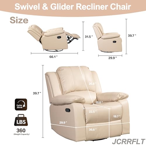 Leather Swivel Recliner Chair - Glider Recliner Chair Manual Reclining Sofa with Adjustable Footrest Modern Lounge Chair with Swivel & Glider Chair Single Recliner Chair for Living Room Office (Beige)