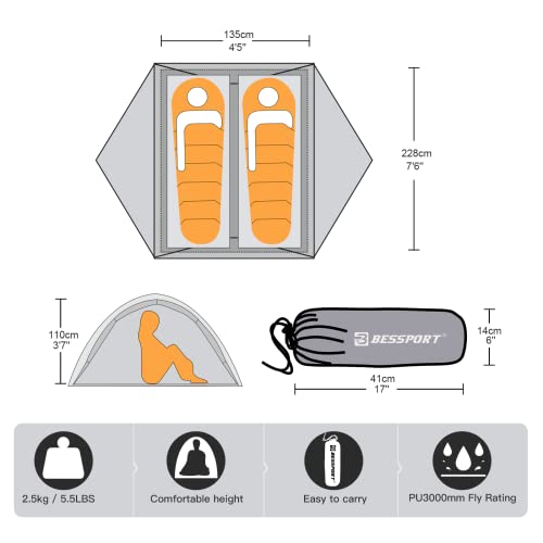 Bessport Camping Tent for 2-3 Person, Lightweight Backpacking Tent Waterproof Windproof Two Doors Easy Setup Double Layer Outdoor Tents for 3 to 4 Seasons, Suitable for Outdoor,Hiking,Camping