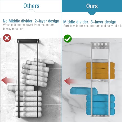 Bathroom Towel Storage Rack, Wall Towel Rack for Rolled Towels, 3 Tier Towel Holder Shelf with 4 Hooks for Small Bathroom, Brushed Nickel