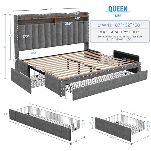 EnHomee Full Bed Frame with 3 Drawers,Queen Size Bed Frame with 2-Tier Storage Headboard, Upholstered Platform Bed Frame Queen Size with Storage,Wood Slats Support,No-Noise, Easy Assembly,Grey
