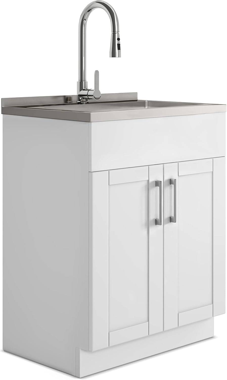 SIMPLIHOME Modern Wide Shaker Transitional 28 Inch Laundry Cabinet with Faucet and Stainless Steel Sink in White, For the Laundry Room and Utility Room