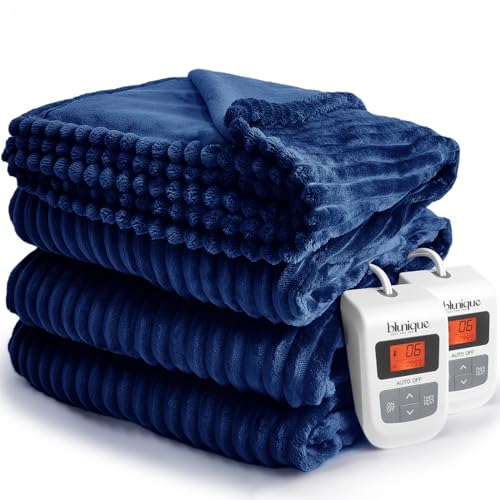 Heated Queen Blanket Striped Electric Blanket - Heating Blanket Queen with 6 Heat Levels & 10 Hours Auto-Off, Cozy Soft Fleece Blanket, Washable, Fast Heating, 84 x 90 Inches, Navy Blue