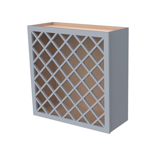 Solid Wood RTA Wine Bottle Rack Wall Cabinet with Lattice Panels - Wine Bottle Holder Storage for Bar, Pantry, or Wine Cellar - Mocha finish Countertop Solution(Gray, 24”W × 12”D × 30”H)