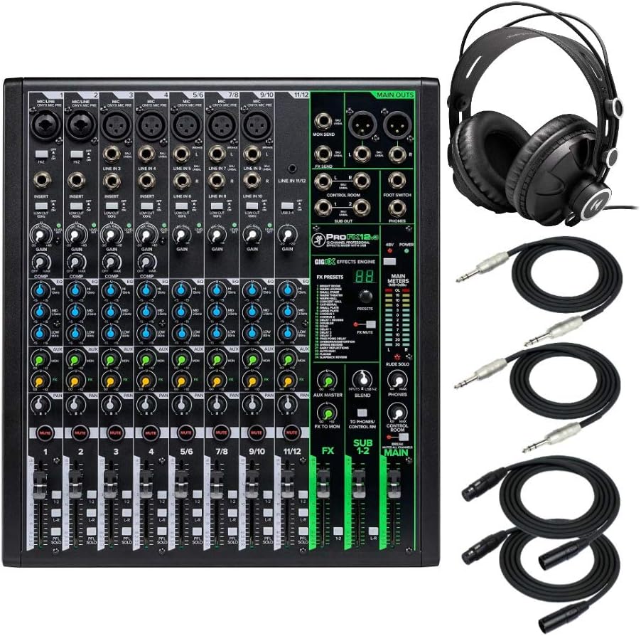 Mackie ProFX12v3 Unpowered 12-Channel FX USB Mixer Bundle - Includes Knox Gear TX-100 Closed-Back Studio Monitor Headphones, 1/4-Inch TRS Cables, and XLR Cables (6 Items)