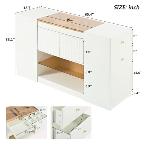 Wardrobe Armoire Bedroom Island with Glass Top, Glass Display Shelf & 6 Drawers, Wooden Closet Storage Cabinet with Open Shelves for Bedroom, Shops, Walk-in-Wardrobe, White