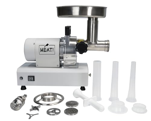 MEAT! 1 HP Dual Meat Grinder with 3 Stuffing Tubes, 2 Stainless Steel Grinding Plates, and a Stainless Steel Stuffing Plate for Making Ground Meat