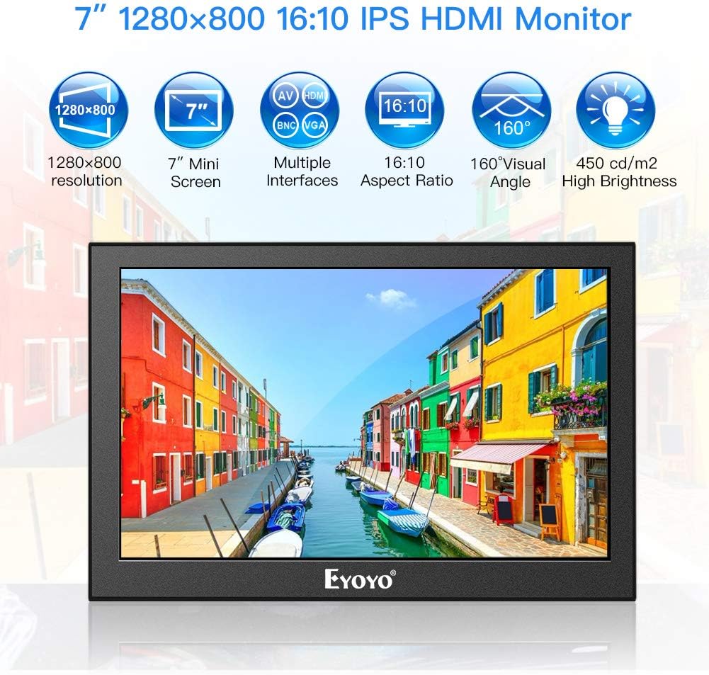 Eyoyo 7 inch Small HDMI LCD Monitor Portable IPS Screen 1280x800 16:10 Support HDMI VGA AV BNC Inputs Pack of 2