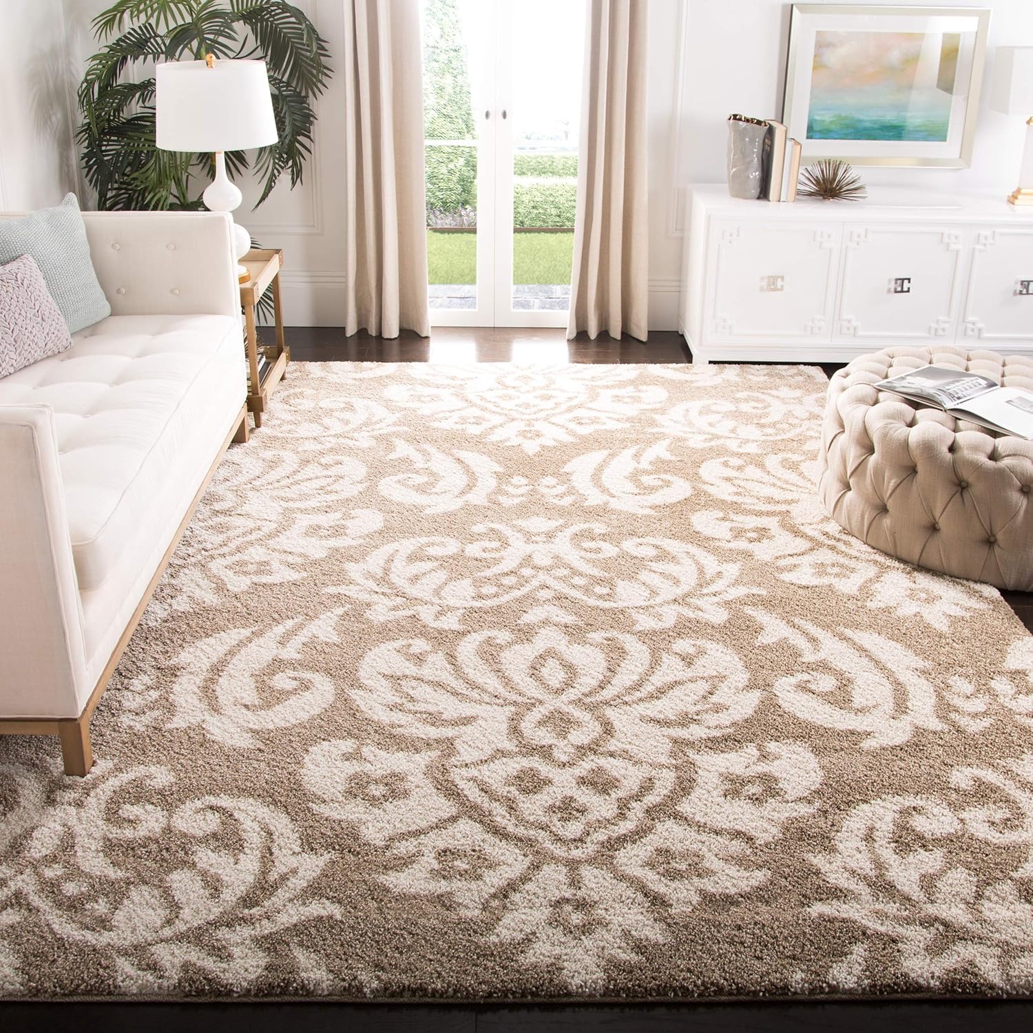 SAFAVIEH Florida Shag Collection Area Rug - 6' x 9', Beige & Cream, Damask Design, Non-Shedding & Easy Care, 1.2-inch Thick Ideal for High Traffic Areas in Living Room, Bedroom (SG460-1311)
