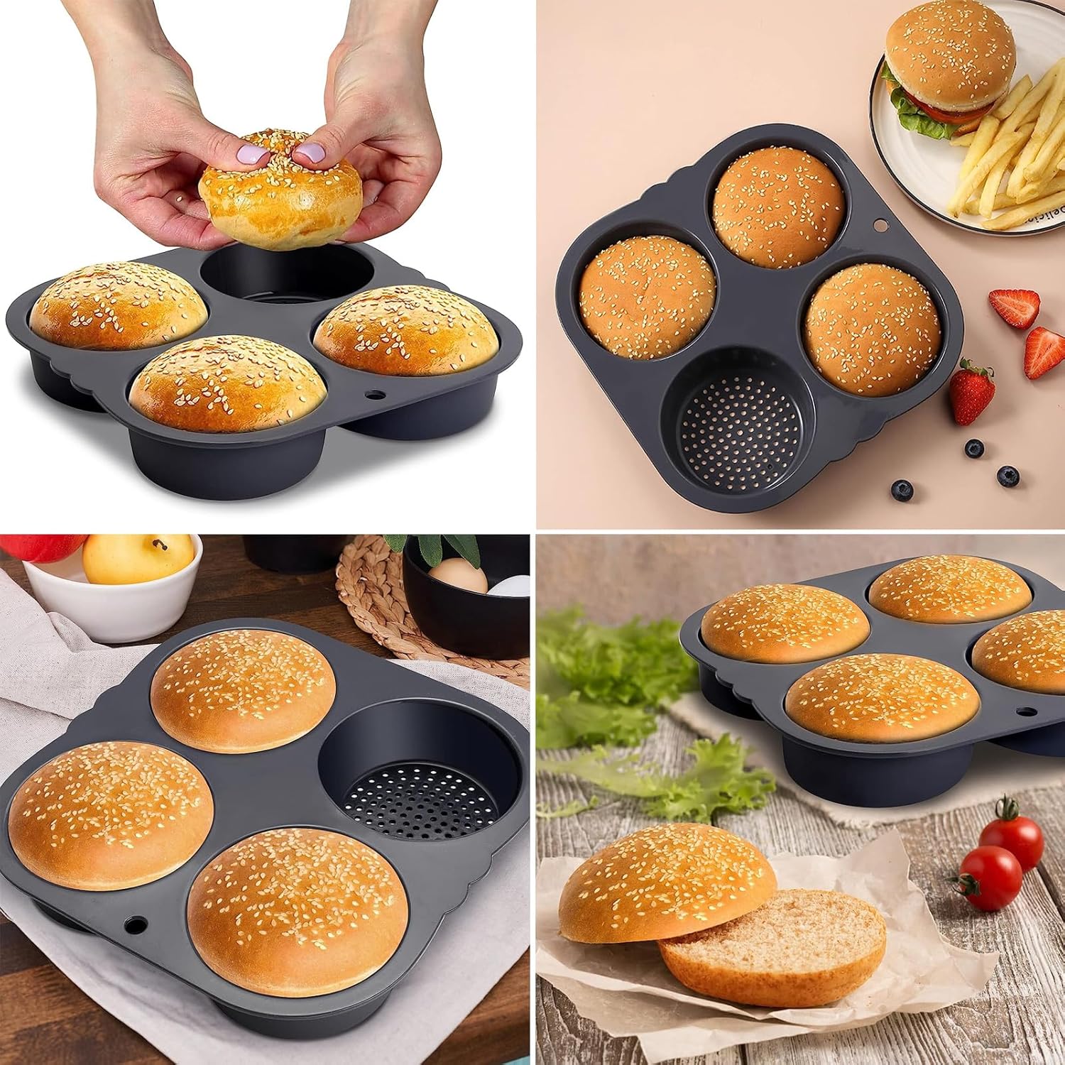 4 Capacities Hamburger Bun Nonstick Silicone Mold Dishwasher Safe Silicone Material Kitchen Hamburger Bun Baking Hamburger Bun Molds Nonstick Silicone