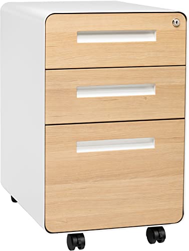 Laura Davidson Furniture Stockpile 3 Drawer File Cabinet with Lock - Under Office Desk Metal Filing Cabinet, Legal/Letter File Folders, Wheels and Stationary Feet, Pre-Assembled, White/Orange