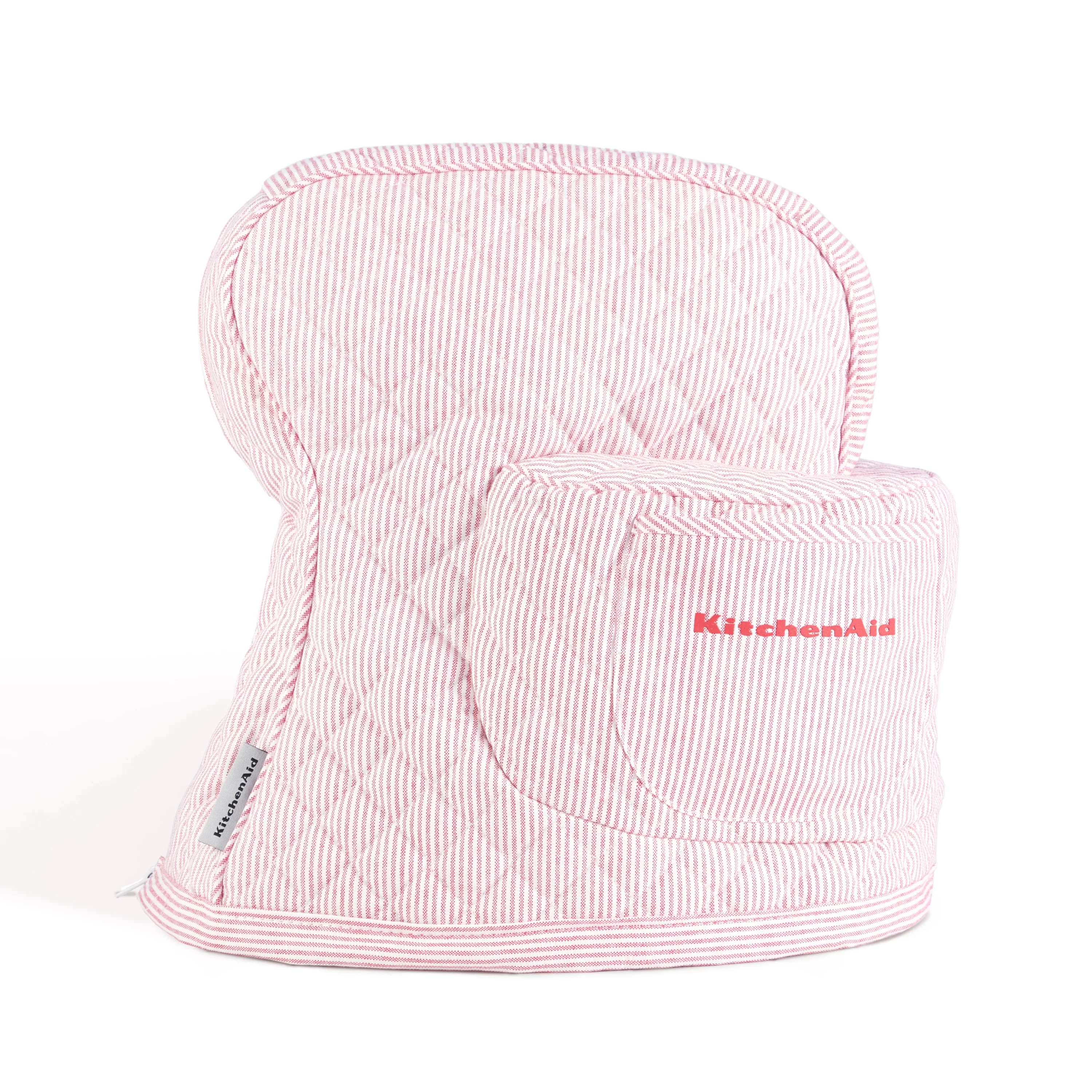 KITCHENAID Fitted Tilt-Head Ticking Stripe Stand Mixer Cover with Storage Pocket, Quilted 100% Cotton, Hibiscus Pink, 14.4