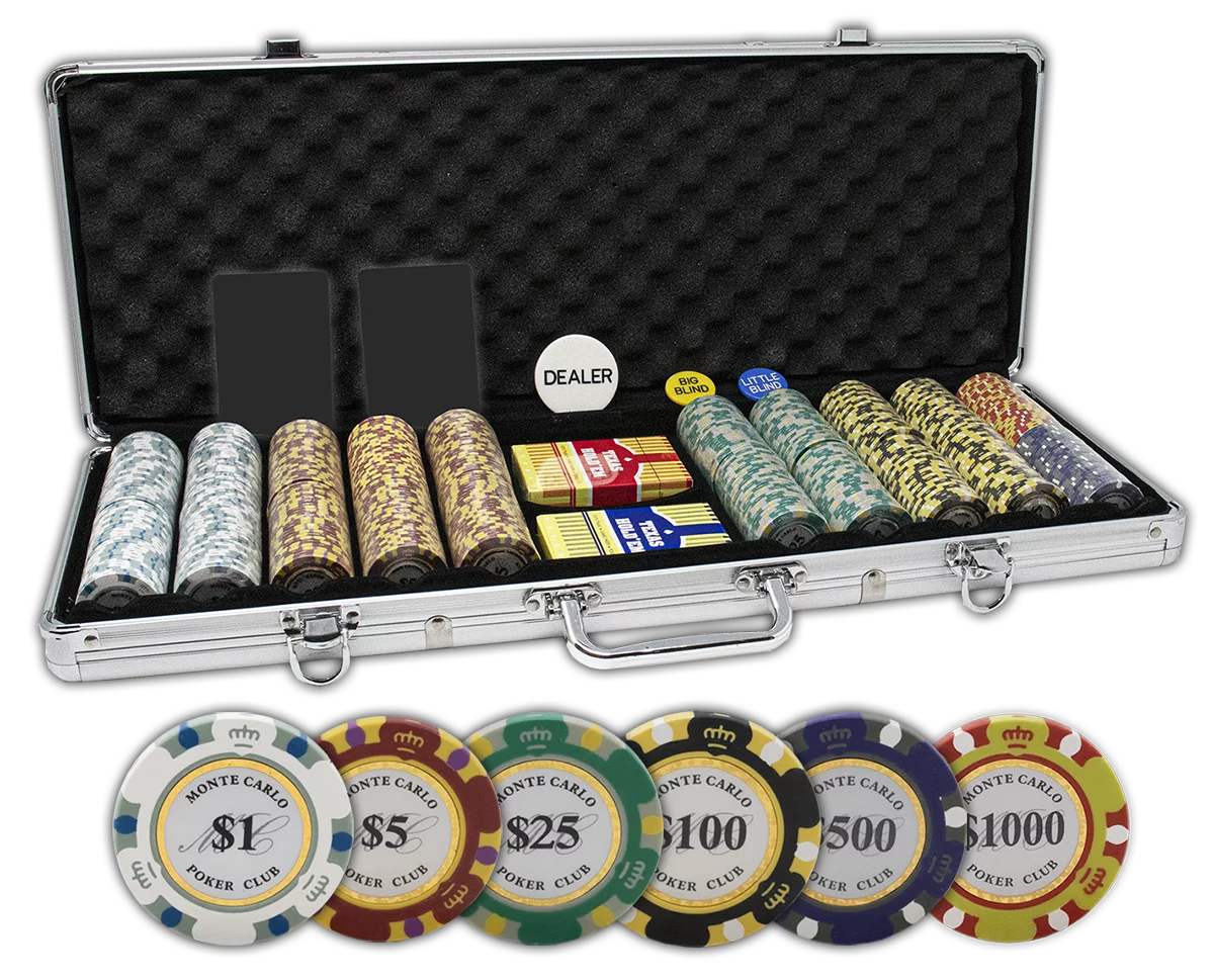 Monte Carlo Poker Club Set of 500 14 Gram 3 Tone Chips with Upgraded Aluminum Case, 2 Decks of Plastic Playing Cards, 2 Cut Cards, Dealer and Blind Buttons