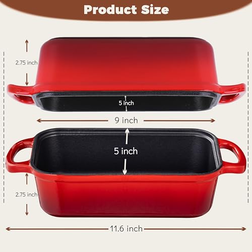 Cast Iron Bread Loaf Pan with Lid, Loaf Pans for Baking Bread 9x5, Enameled Bread Pans for Homemade Bread, Sourdough, Set of 2, Cherry