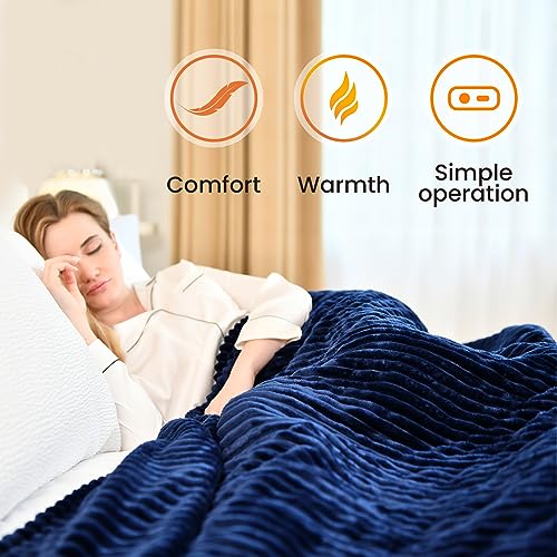 Heated Queen Blanket Striped Electric Blanket - Heating Blanket Queen with 6 Heat Levels & 10 Hours Auto-Off, Cozy Soft Fleece Blanket, Washable, Fast Heating, 84 x 90 Inches, Navy Blue