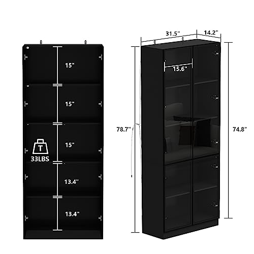 Hitow Glass Door Cabinet with Lights and 4 Storage Shelves, Tall Modern Display Storage Organizer with 2 Drawers and 2 Doors, Wooden Bookcase Bookshelf for Living Room, Home Office, Black