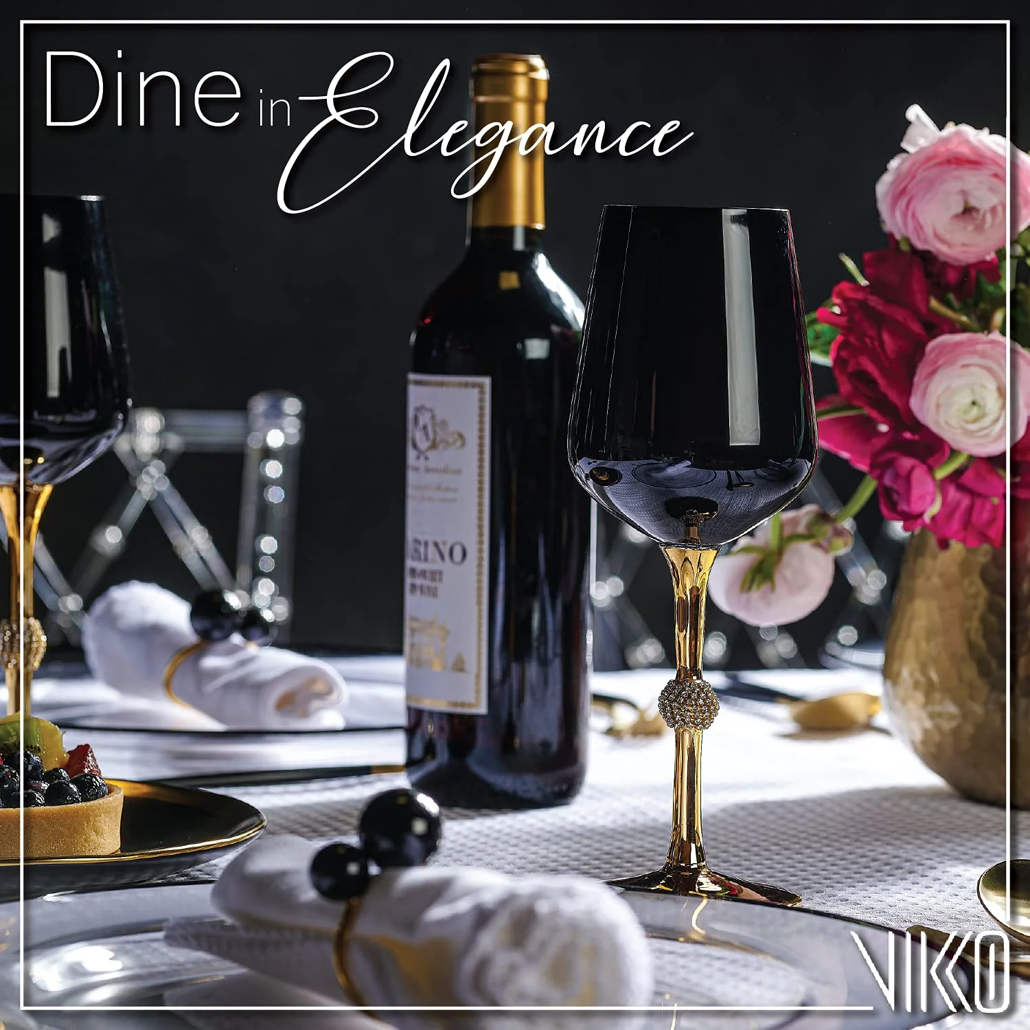 Vikko Dcor Black and Gold Wine Glasses | 11 Ounce Cup  Striking Black and Gold Design with Diamante Accents  Dishwasher Safe  Set of Six Stunning Wine Glasses  8.4 x 2.3