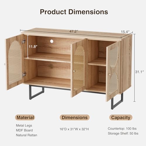 Storage Cabinet with 2 Arched Rattan Doors, Natural Style Rattan Sideboard Buffet Cabinet with Storage, Boho Entryway Table Console Credenza TV Stand for Living/Dining Room, Kitchen, Hallway
