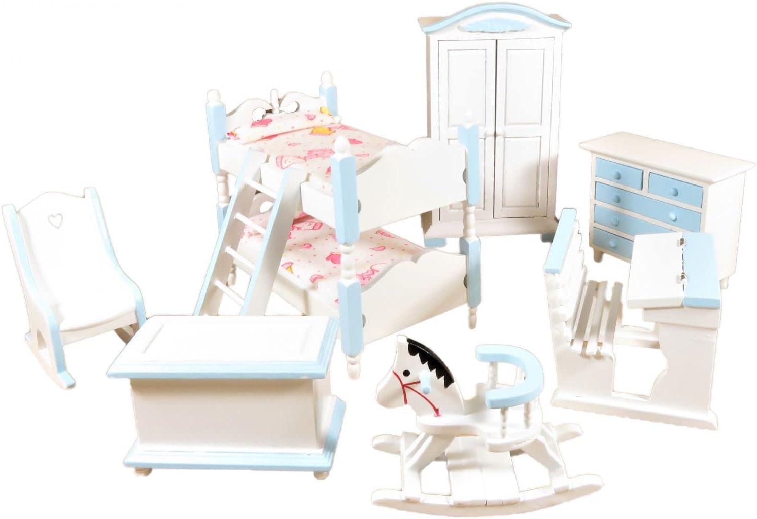 Melody Jane Dolls Houses Dollhouse Blue & White Child’s Bedroom Furniture Set with Bunk Bed 1:12 Scale