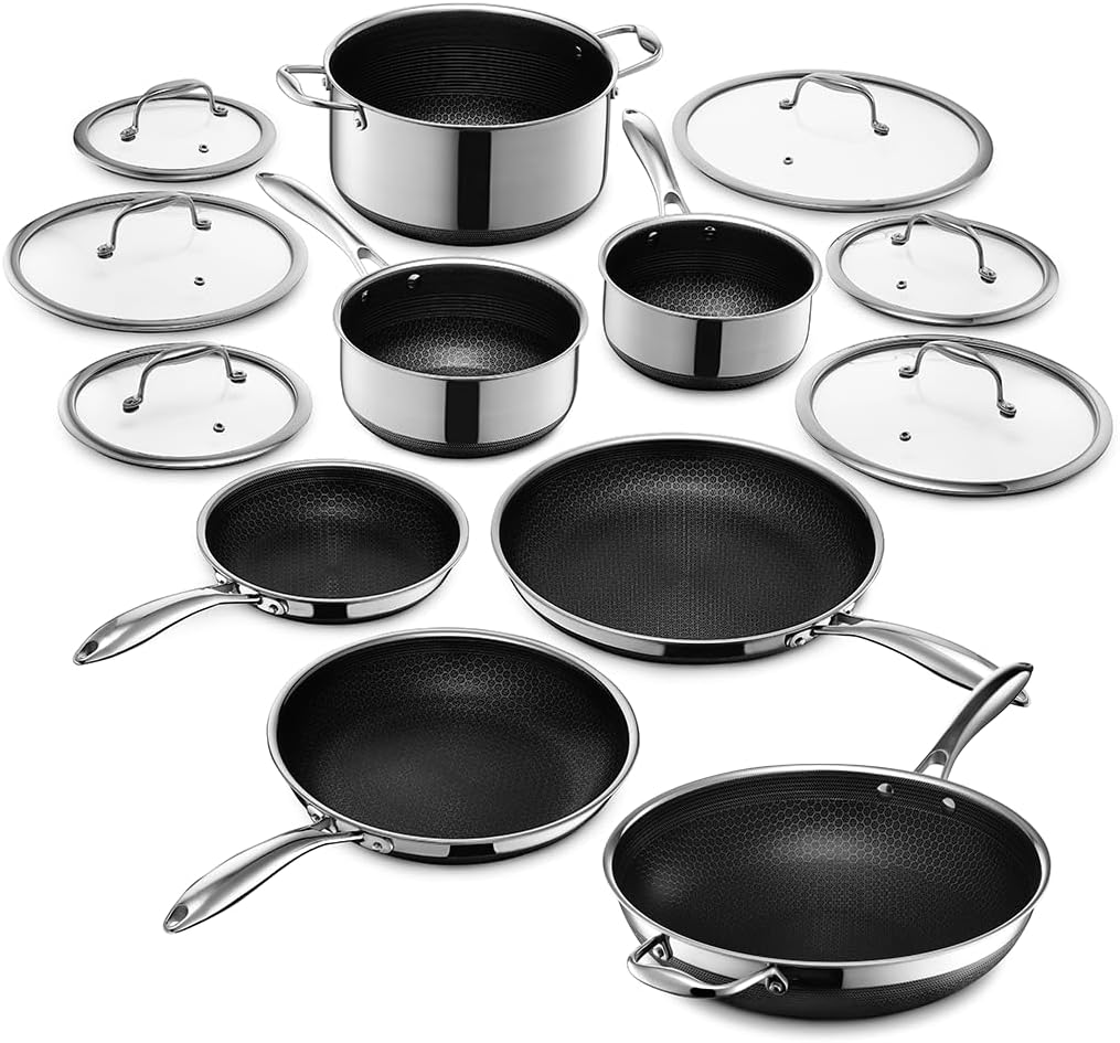 HexClad 13 Piece Hybrid Stainless Steel Cookware Set - 6 Piece Frying Pan Set, 6 Piece Pot Set, 12 Inch Wok, Dishwashing and Oven Safe, Induction Ready, Stay Cool, Non-Stick, Easy to Clean