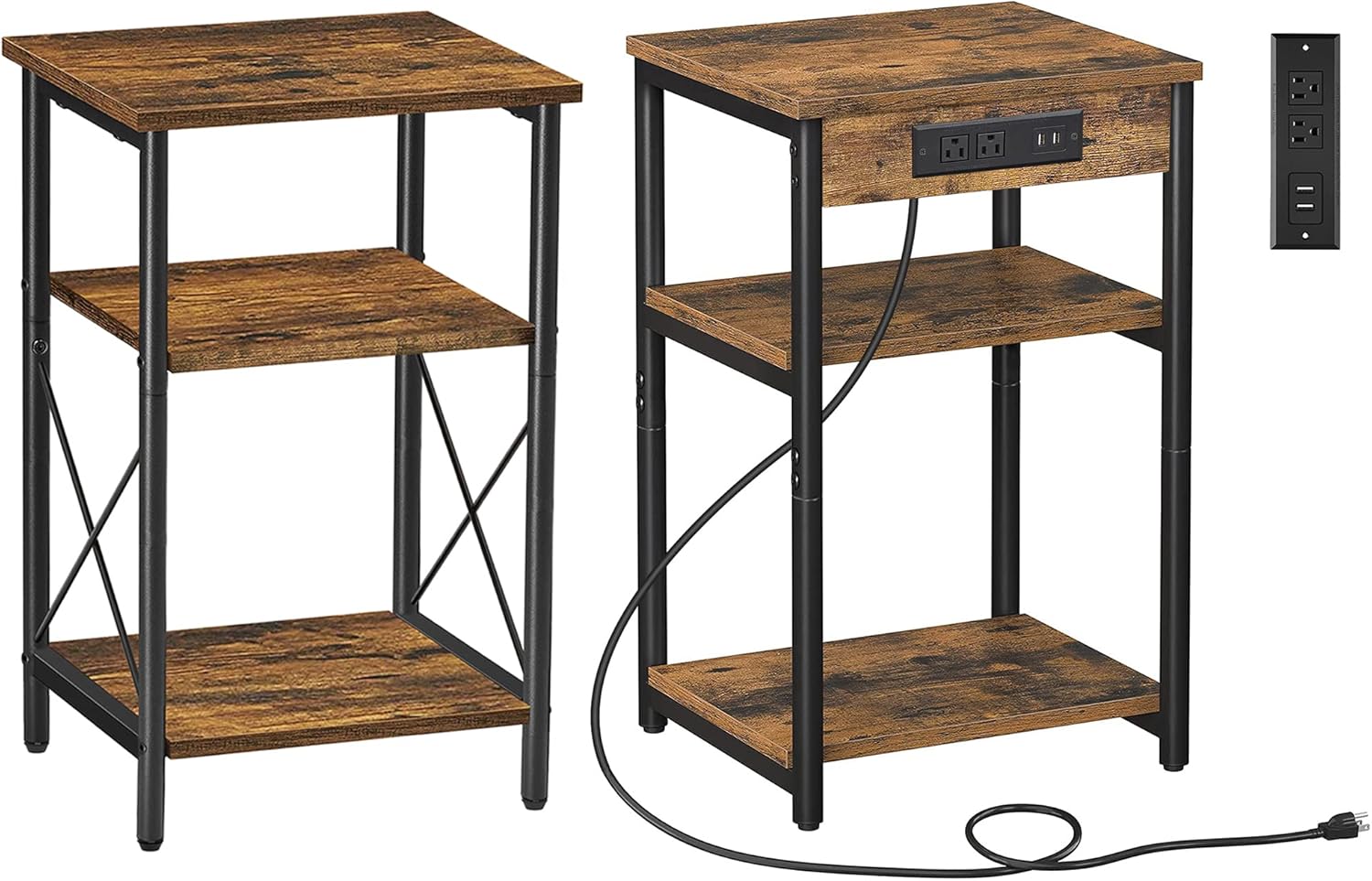 TUTOTAK End Table with Charging Station, Side Table with USB Ports and Outlets, Nightstand, 3-Tier Storage Shelf, Sofa Table for Small Space, Living Room, Bed Room