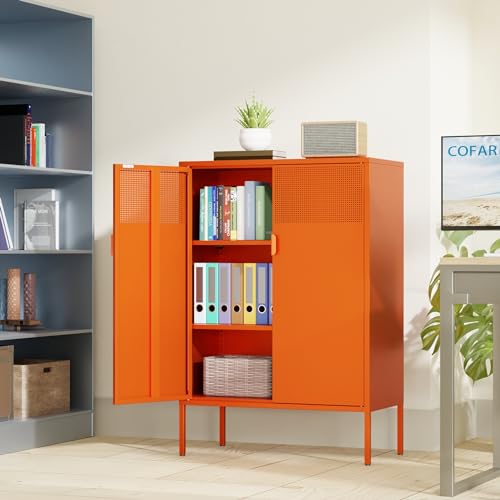 Metal Storage Buffet Sideboard, Adjustable Shelves, Buffet Table, TV Stand, Coffee Bar Cabinet for Kitchen, Living Room (Orange, 47