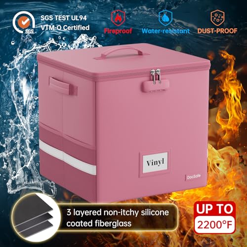 DocSafe Vinyl Record Storage Box with Lock,Fireproof＆Water Resistant Record Organizer Storage for 100+ Single Records(12-inch),Collapsible Storage Crate with Lid&Handles for Valuable Album Collection