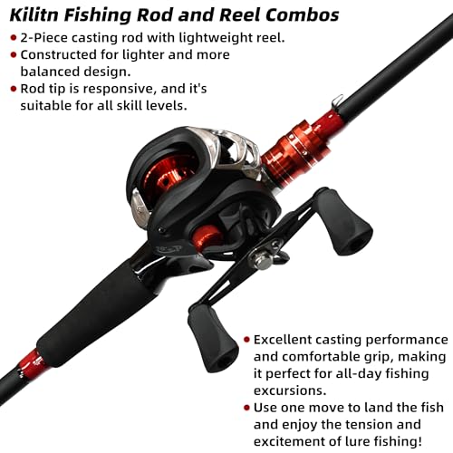 Kilitn Fishing Rod and Reel Combo, Baitcasting Combo Baitcast Reel, 6 Foot 7 Foot 2-Piece, Durable Fiberglass Wrapped Carbon Fiber Rod with Comfortable EVA Handle