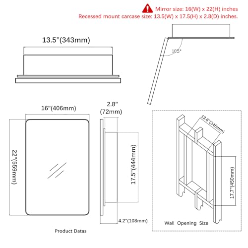 Plastic Black Medicine Cabinet, Beveled Edge Mirror Door with Round Corner Metal Frame, Recessed and Surface Mount Bathroom Medicine Cabinet, 16 x 24 inch Mirror Size
