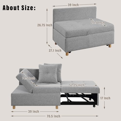 Pull Out Sleeper Sofa Bed Chair 4-in-1 Convertible Chair Bed, Linen Fabric loveseat Sofa with 2 Throw Pillow, Single Recliner for Small Space with 5 Adjustable Backrest, (Light Gray)
