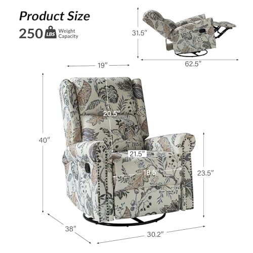 HULALA HOME Printed Fabric Set of 2 Manual Swivel Glider Recliner, Recliner Chair with Adjustable Backrest&Footrest, Wingback Rocker Recliner, Armchair Sofa 360 Degree Swivel for LivingRoom,BLK FLORAL