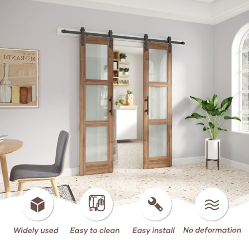 FREDBECK Double 18 x 84 inch Glass Barn Doors 36inch Barn Door with 6.6FT Hardware Kit & Handle Included,3-Panel Frosted Glass,LVL Wood Panel,Water-Proof PVC Surface,Pre-Drilled Holes,Need Assembly
